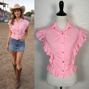 Vintage H Bar C 1970s Size Small Women’s Pink Ruffle Button Down Collared Blouse